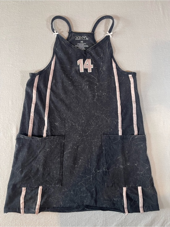 Vinyl Thread Dresses & Skirts - Vinyl Thread Black Marbled Mini Dress with Pink Trim- Racerback with Pockets